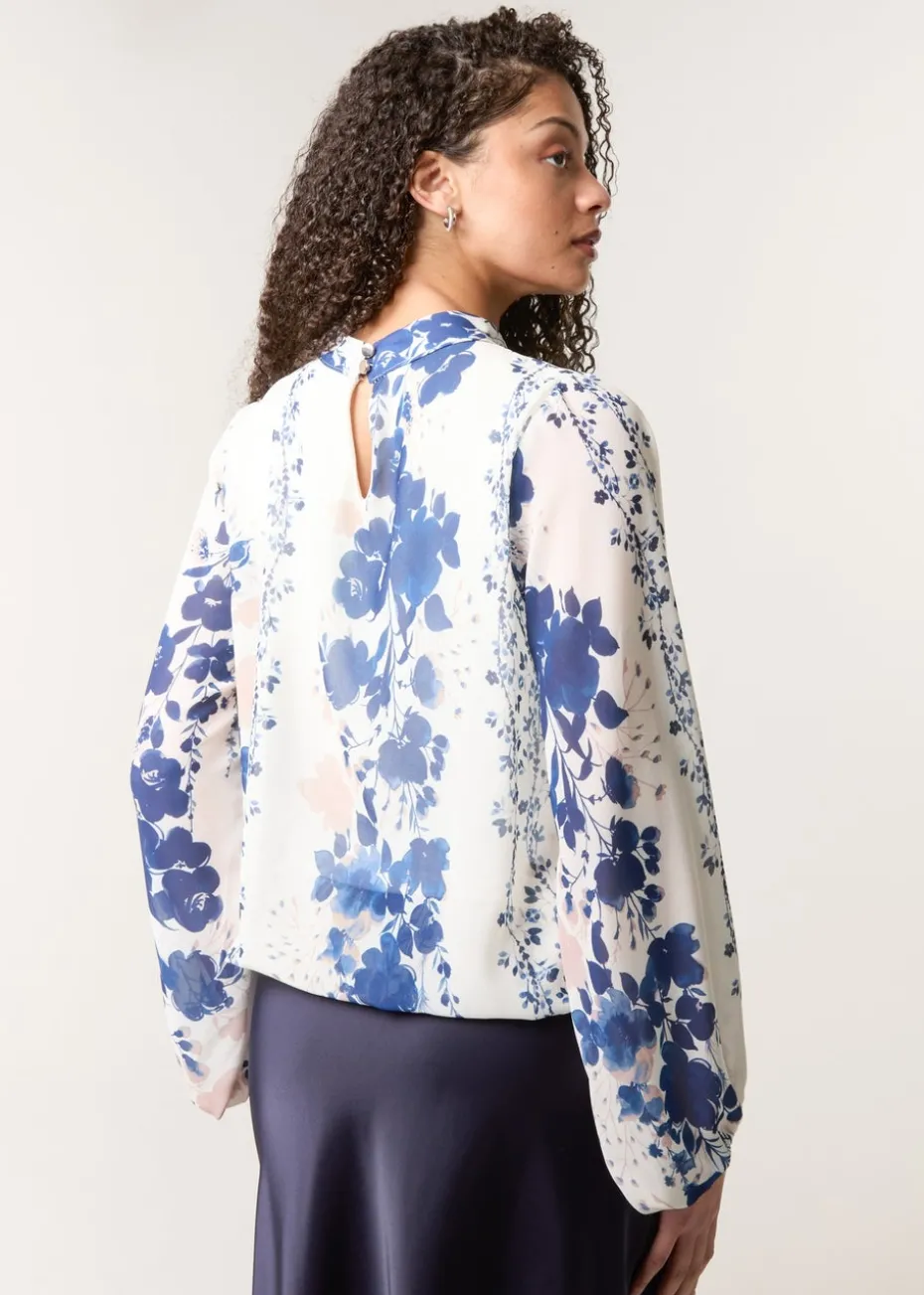 Blue Vanilla Blue Floral High Neck Puff Ball Blouse