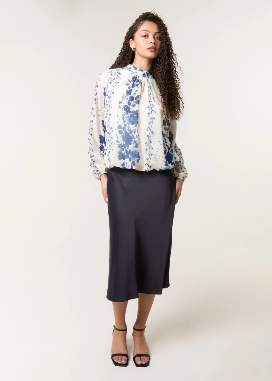 Blue Vanilla Blue Floral High Neck Puff Ball Blouse