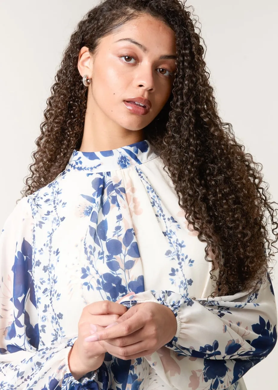 Blue Vanilla Blue Floral High Neck Puff Ball Blouse