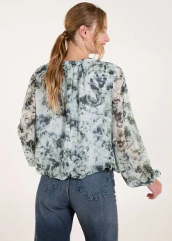 Blue Vanilla Blue Grandad Collar Puffball Watercolour Top