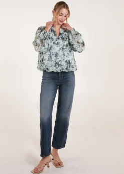 Blue Vanilla Blue Grandad Collar Puffball Watercolour Top