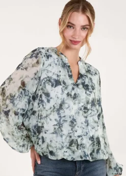 Blue Vanilla Blue Grandad Collar Puffball Watercolour Top