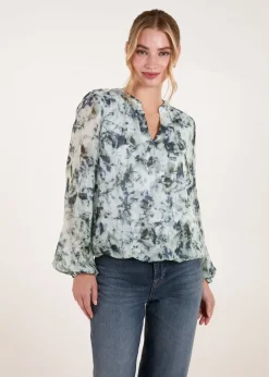 Blue Vanilla Blue Grandad Collar Puffball Watercolour Top