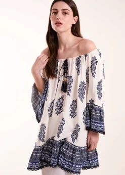 Blue Vanilla Blue Mix Print Bardot With Tassel Dress