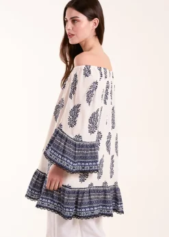 Blue Vanilla Blue Mix Print Bardot With Tassel Dress