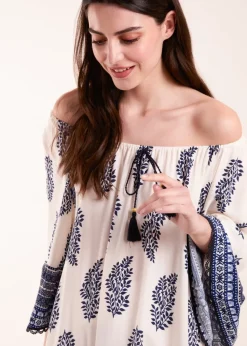 Blue Vanilla Blue Mix Print Bardot With Tassel Dress
