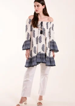 Blue Vanilla Blue Mix Print Bardot With Tassel Dress