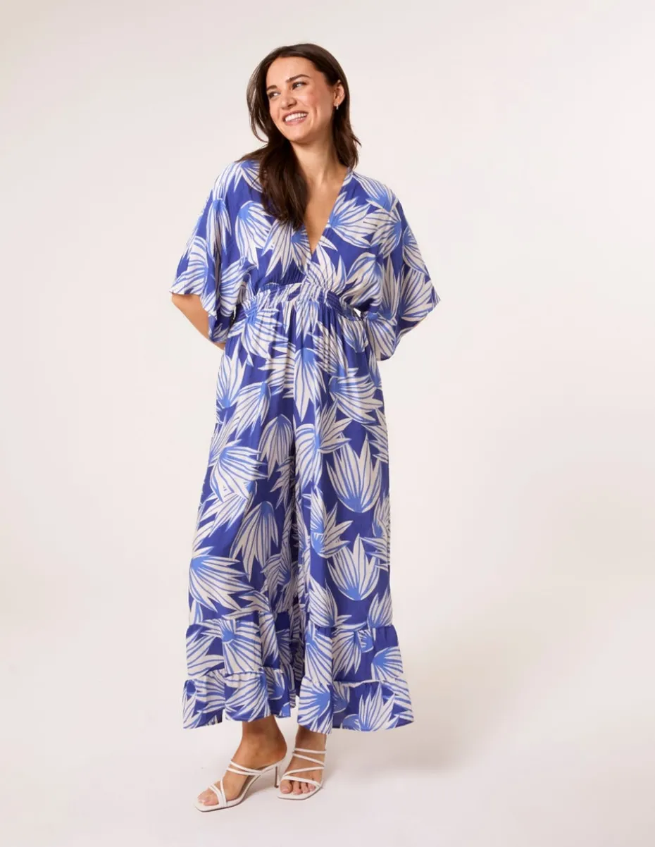 Blue Vanilla Blue Printed Leaf Wide Leg Jumpsuit
