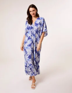 Blue Vanilla Blue Printed Leaf Wide Leg Jumpsuit