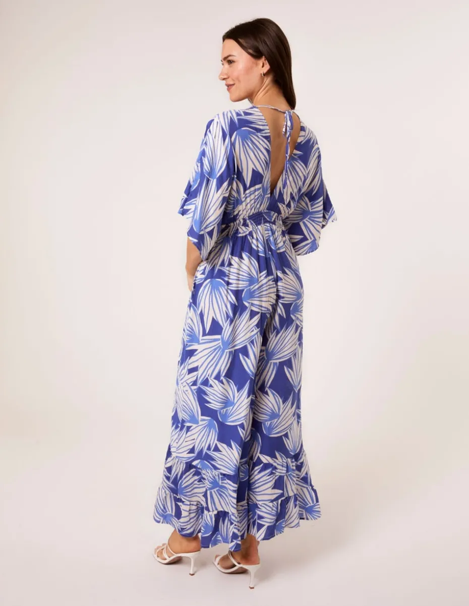 Blue Vanilla Blue Printed Leaf Wide Leg Jumpsuit