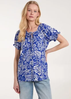 Blue Vanilla Blue Shirred Sleeve Tie Front Top