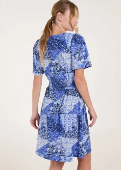 Blue Vanilla Blue Shirred Waist Button Front Patchwork Mini Dress