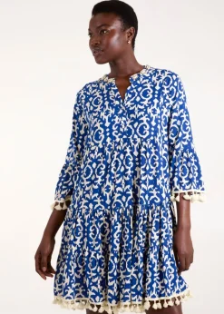 Blue Vanilla Blue Tassel & Shell Neck Smock Dress