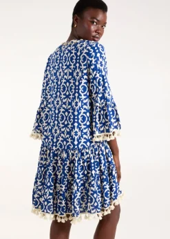 Blue Vanilla Blue Tassel & Shell Neck Smock Dress