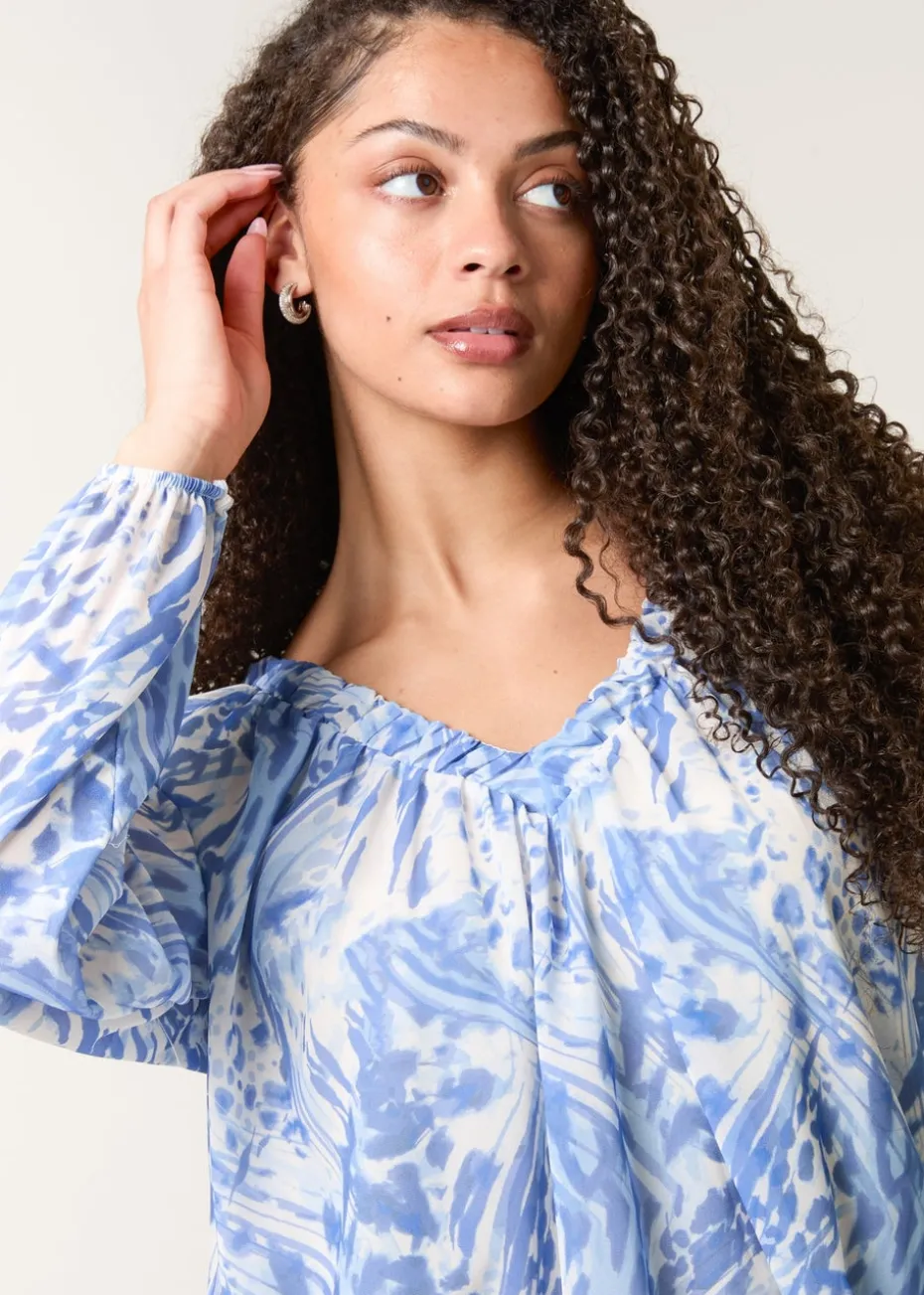 Blue Vanilla Blue V Neck Gathered Bubble Hem Top