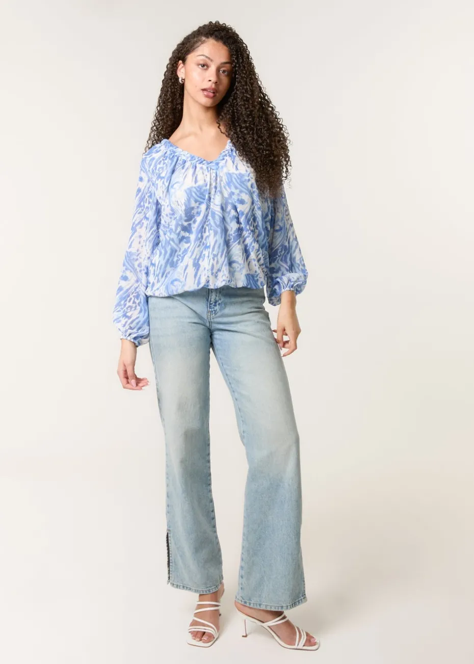 Blue Vanilla Blue V Neck Gathered Bubble Hem Top