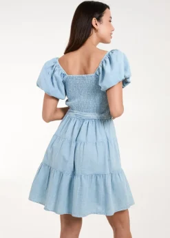 Blue Vanilla Blue Washed Puff Sleeve Mini Dress