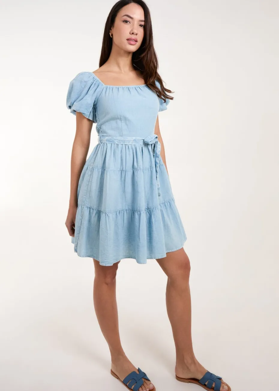 Blue Vanilla Blue Washed Puff Sleeve Mini Dress