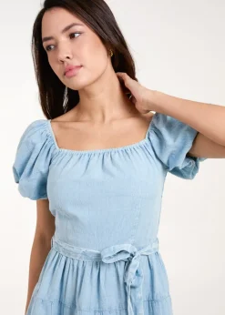 Blue Vanilla Blue Washed Puff Sleeve Mini Dress
