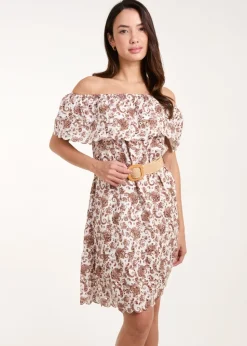 Blue Vanilla Brown Bardot Broderie Mini Belted Dress