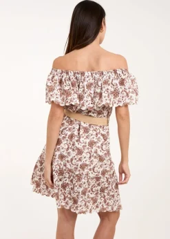 Blue Vanilla Brown Bardot Broderie Mini Belted Dress