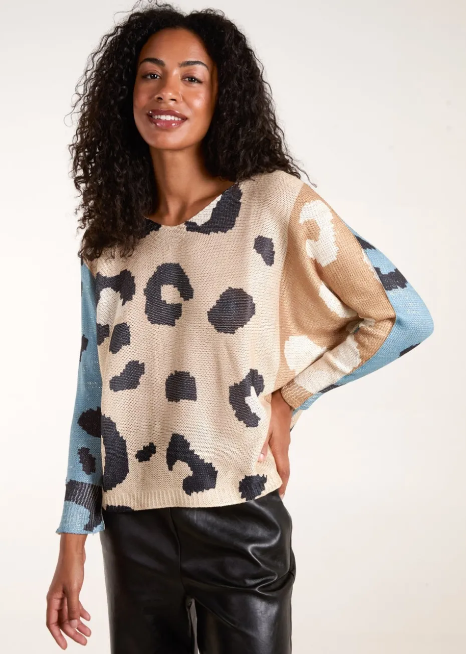 Blue Vanilla Brown Colour Block Leopard Fine Knit Jumper
