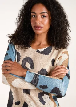 Blue Vanilla Brown Colour Block Leopard Fine Knit Jumper