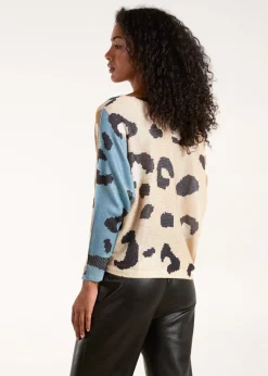 Blue Vanilla Brown Colour Block Leopard Fine Knit Jumper