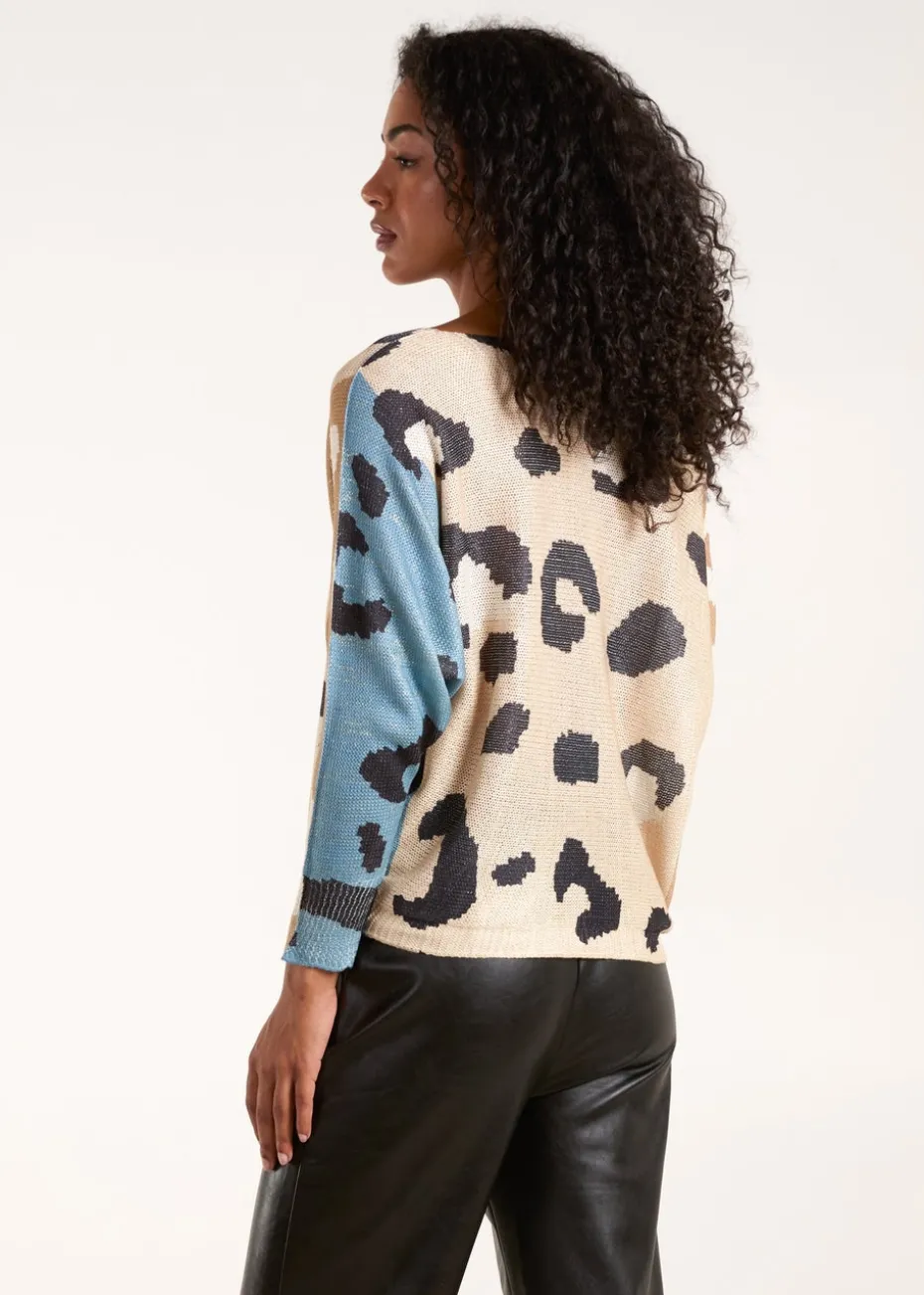 Blue Vanilla Brown Colour Block Leopard Fine Knit Jumper