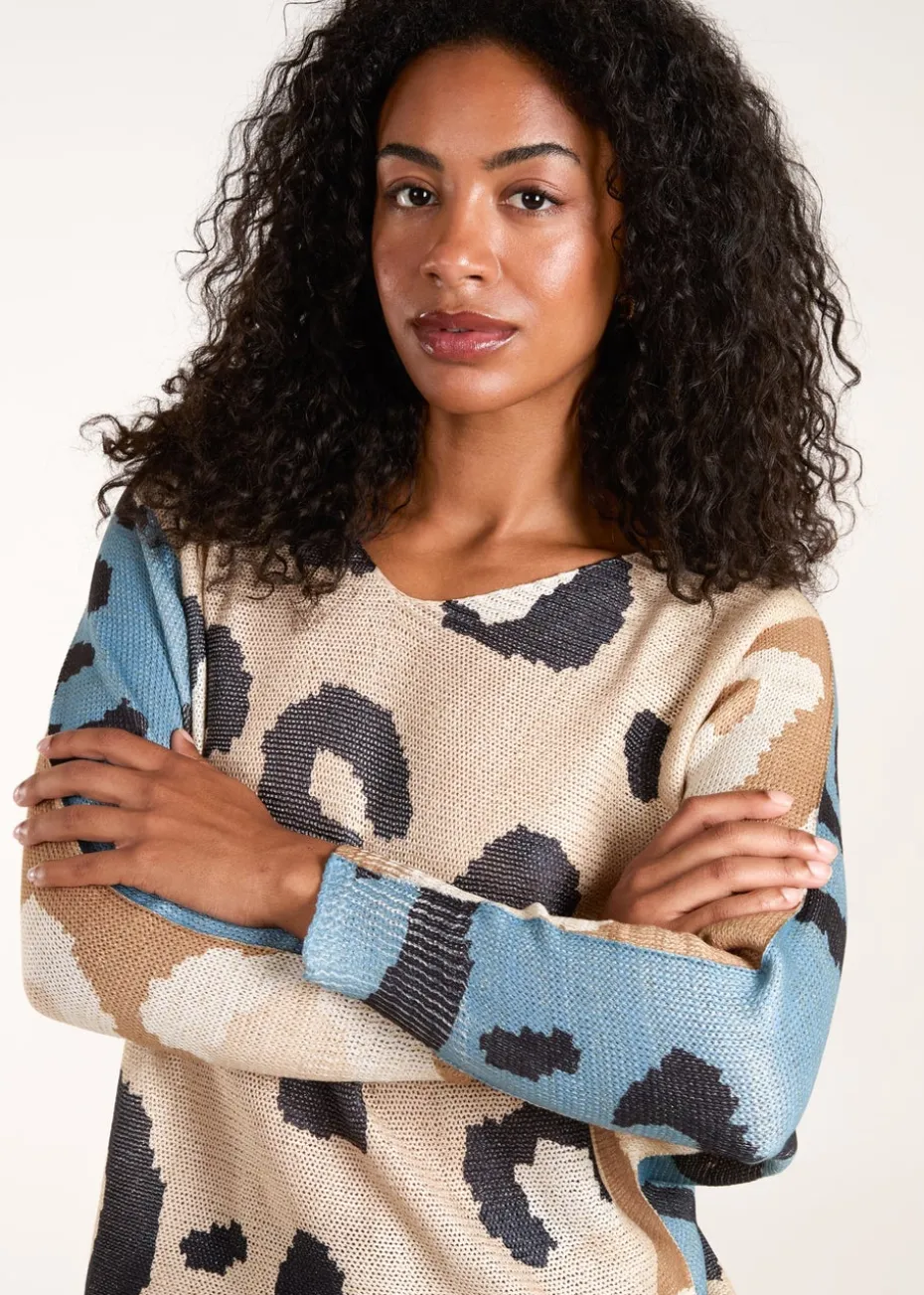 Blue Vanilla Brown Colour Block Leopard Fine Knit Jumper