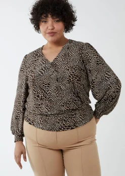 Blue Vanilla Brown Curve Wrap Front Deep Hem Band Top