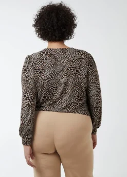 Blue Vanilla Brown Curve Wrap Front Deep Hem Band Top