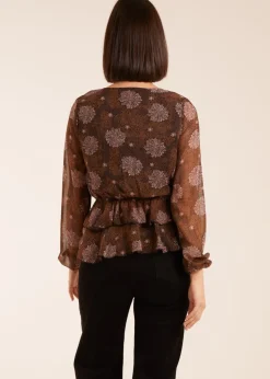 Blue Vanilla Brown Floral Ruffle Wrap Blouse