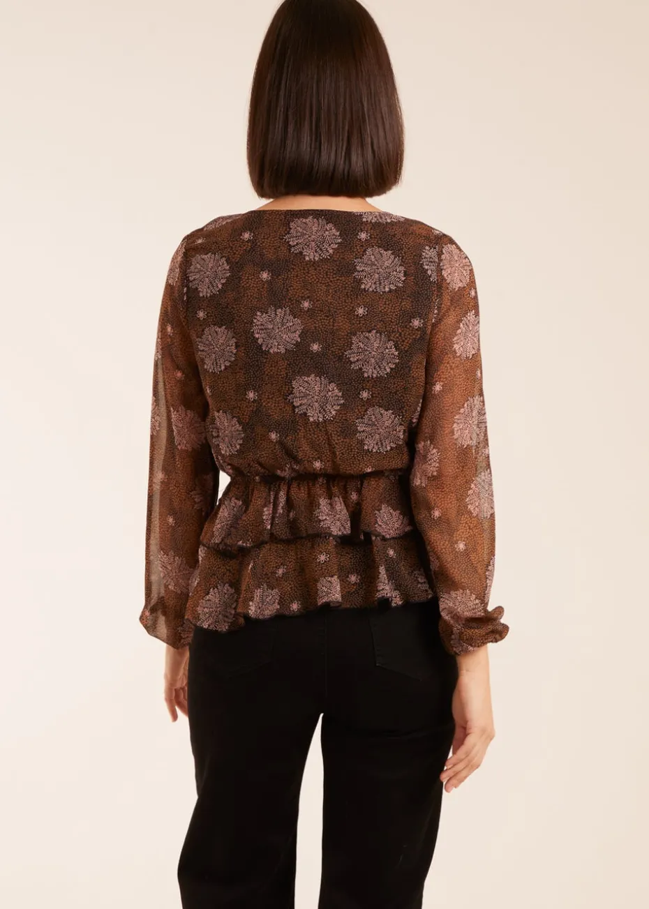 Blue Vanilla Brown Floral Ruffle Wrap Blouse