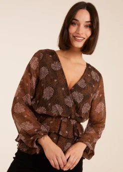 Blue Vanilla Brown Floral Ruffle Wrap Blouse