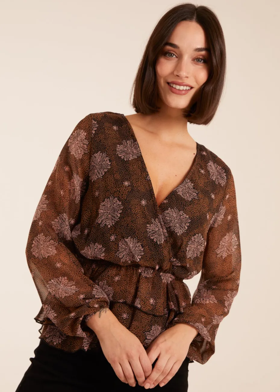 Blue Vanilla Brown Floral Ruffle Wrap Blouse