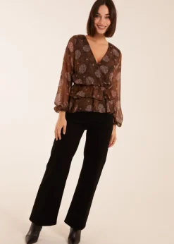 Blue Vanilla Brown Floral Ruffle Wrap Blouse