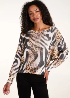 Blue Vanilla Brown Leopard Abstract Fine Knit Jumper