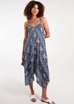 Blue Vanilla Brown Navy Elephant Print Hanky Hem Dress