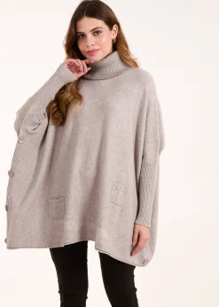 Blue Vanilla Brown Roll Neck Button Mini Pocket Jumper