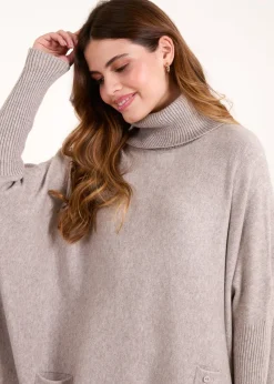 Blue Vanilla Brown Roll Neck Button Mini Pocket Jumper