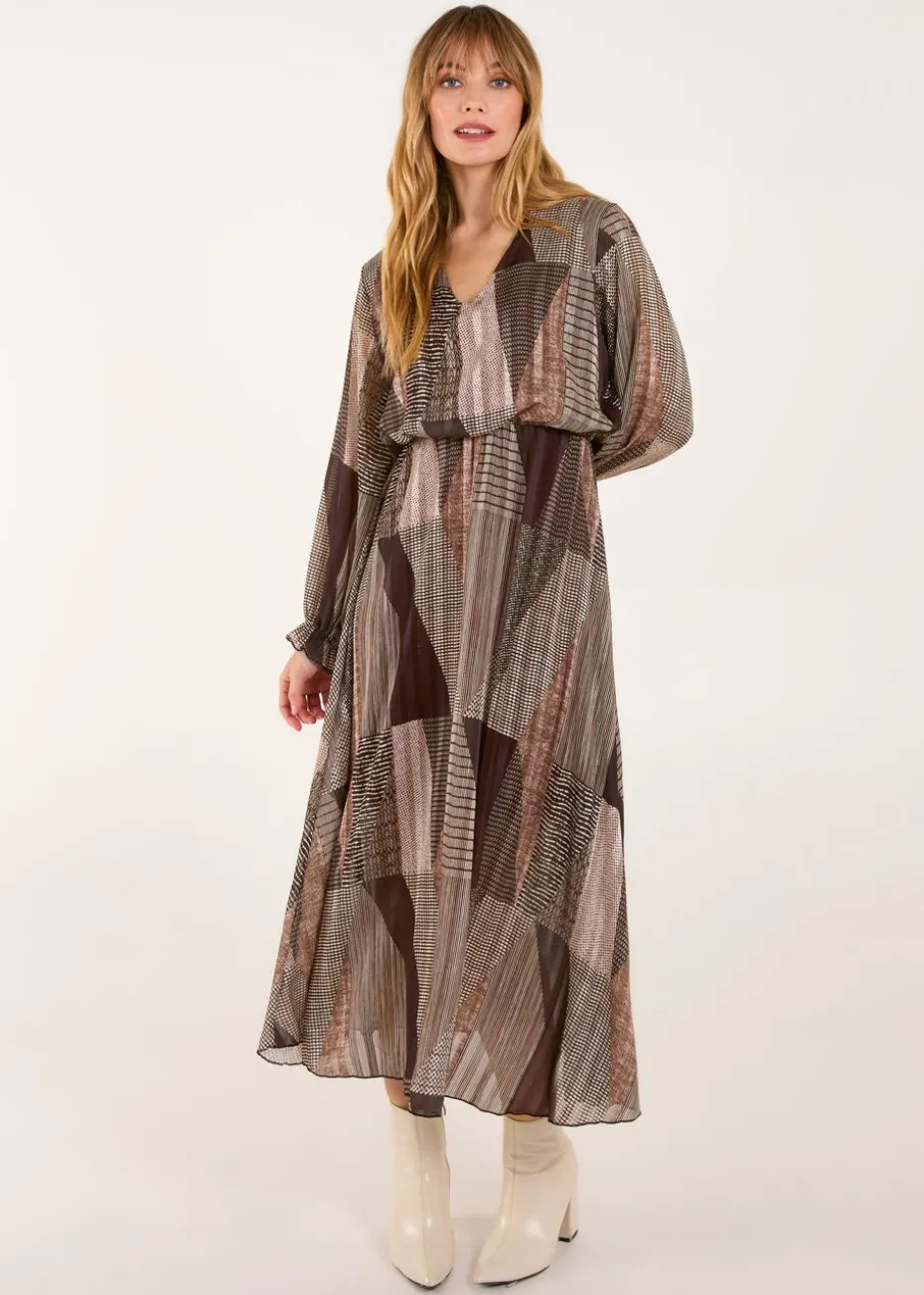 Blue Vanilla Brown V Neck Metallic Patchwork Print Dress