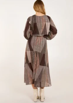 Blue Vanilla Brown V Neck Metallic Patchwork Print Dress