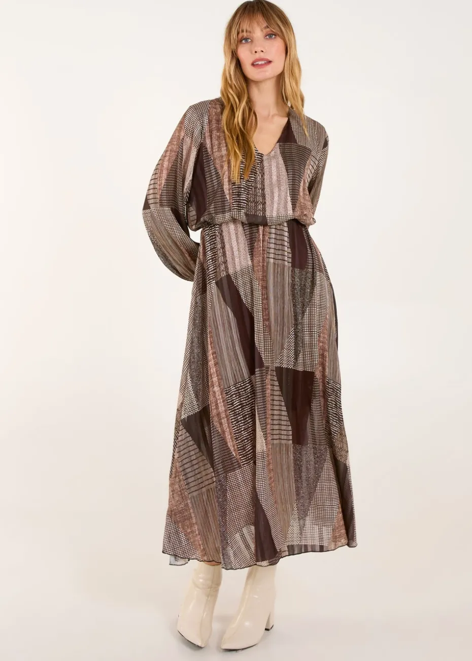 Blue Vanilla Brown V Neck Metallic Patchwork Print Dress