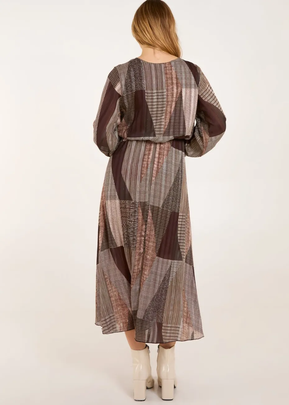 Blue Vanilla Brown V Neck Metallic Patchwork Print Dress