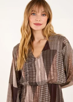 Blue Vanilla Brown V Neck Metallic Patchwork Print Dress