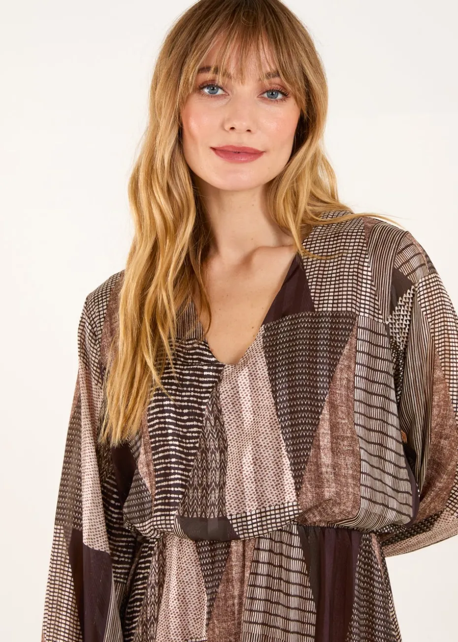 Blue Vanilla Brown V Neck Metallic Patchwork Print Dress