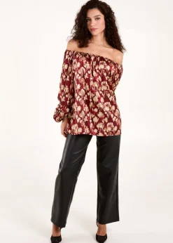 Blue Vanilla Burgundy Floral Ruched Sleeve Bardot Blouse