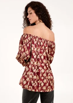 Blue Vanilla Burgundy Floral Ruched Sleeve Bardot Blouse