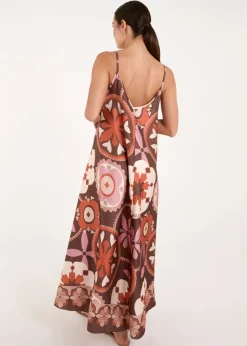Blue Vanilla Chocolate Abstract Printed Cami V Neck Maxi Dress